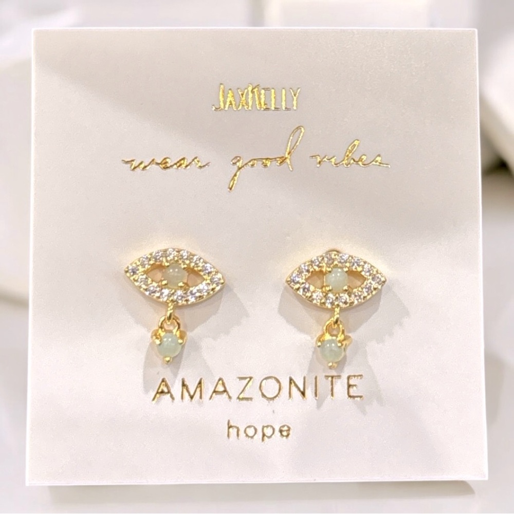 NWT Jax Kelly Gold Amazonite Evil Eye Drop Earrings Dainty
